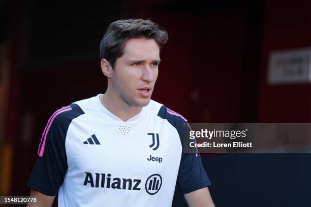 Federico Chiesa of Juventus walks to the pitch for a training session after the planned friendly against Barcelona was cancelled, at Levi's Stadium...