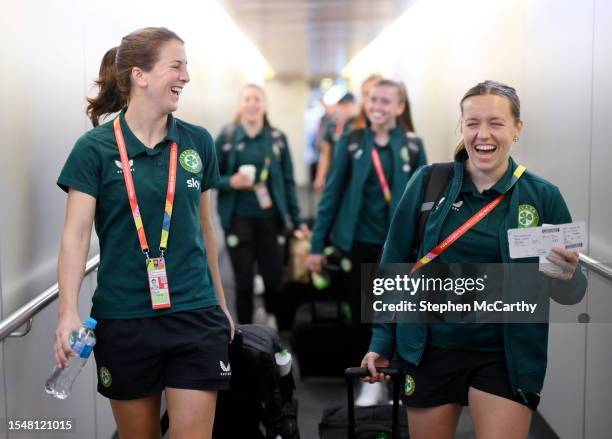 Brisbane , Australia - 23 July 2023; Republic of Ireland's Niamh Fahey, left, and Harriet Scott at Brisbane Airport, Australia, ahead of the team's...