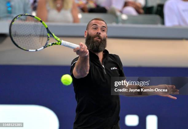 Benoit Paire plays a point during his match against Taylor Fritz in the Ultimate Tennis Showdown at Dignity Health Sports Park against on July 22,...