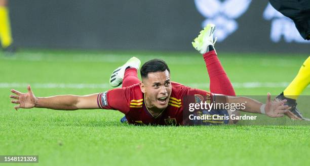 Rubio Rubin of Real Salt Lake looks for a call from the referee aginst the Seattle Sounders during the second half of their Leagues Cup game at...