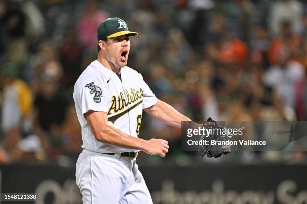 Trevor May of the Oakland Athletics reacts after a win against the Houston Astros at RingCentral Coliseum on July 22, 2023 in Oakland, California.