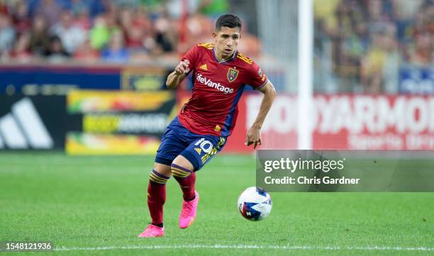 Jefferson Savarino of Real Salt Lake pushes the ball up the field against the Seattle Sounders during the second half of their Leagues Cup game at...