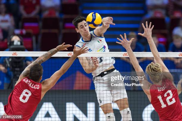 Torey Defalco , Alessandro Michieletto , Maxwell Holt during USA vs Italy - Volleyball Nations League semifinal match in Gdansk, Poland on July 23,...