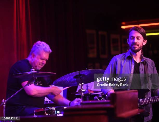 Drummer John Robinson of the SRT Band with Andrew Synowiec in concert at Birdland Jazz Club on July 22, 2023 in New York City.