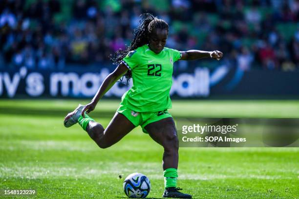 Nigerian Michelle Alozie in action during the FIFA Women's World Cup 2023 match between Nigeria and Canada at the Melbourne Rectangular Stadium....