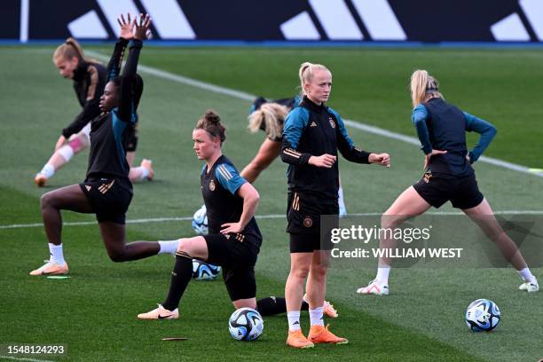 Germany's players attend a training session at the Lakeside Stadium in Melbourne on July 23 on the eve of the Women's World Cup football match...