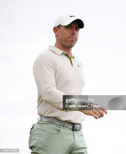 Rory McIlroy of Northern Ireland walks on the 12th hole during Day Four of the Genesis Scottish Open at The Renaissance Club on July 16, 2023 in...
