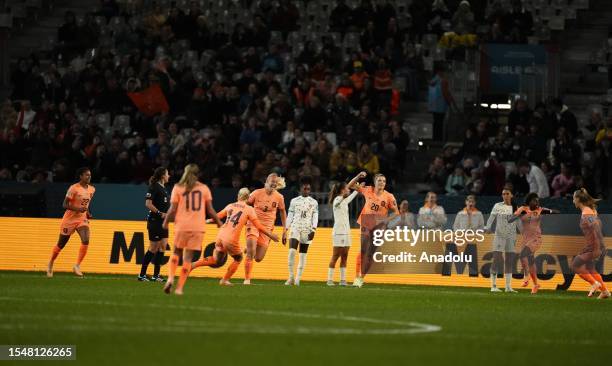 Players of Netherlands celebrate after scoring a goal during the FIFA Women's World Cup Australia and New Zealand 2023 Group E match between...