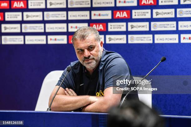 Ange Postecoglou, manager of Tottenham Hotspur seen during the pre-match press conference. Tottenham Hotspur and Leicester City are scheduled to play...