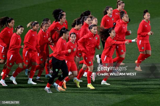 Morocco's players take part in a training session at the Lakeside Stadium in Melbourne on July 23 on the eve of the Women's World Cup football match...