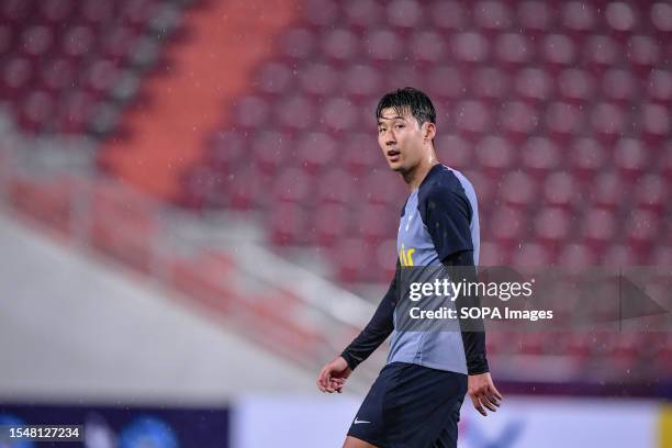 Son Heung-Min of Tottenham Hotspur in training session ahead of the pre-season match against Leicester City at Rajamangala Stadium.