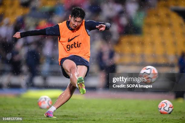 Son Heung-Min of Tottenham Hotspur in training session ahead of the pre-season match against Leicester City at Rajamangala Stadium.