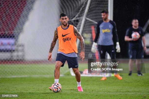 Cristian Romero of Tottenham Hotspur in training session ahead of the pre-season match against Leicester City at Rajamangala Stadium.