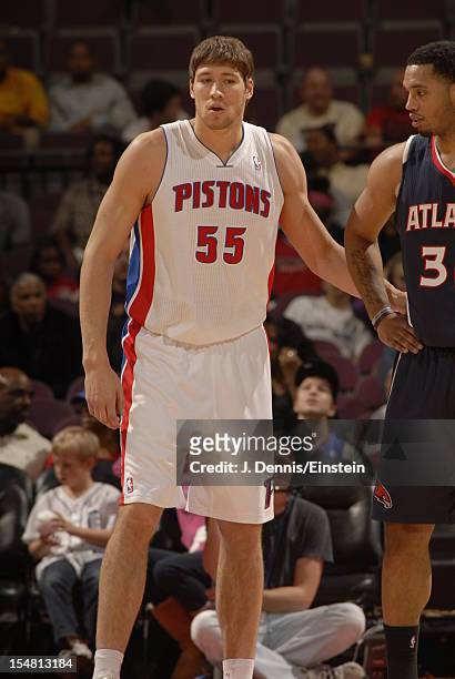 Viacheslav Kravtsov of the Detroit Pistons looks for the ball vs the Atlanta Hawks during the pre-season game on October 26, 2012 at The Palace of...
