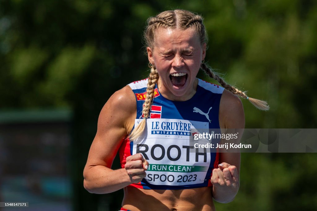 Fleur Rooth Andrea Rooth of Norway reacts during Women's 400m Hurdles during ...