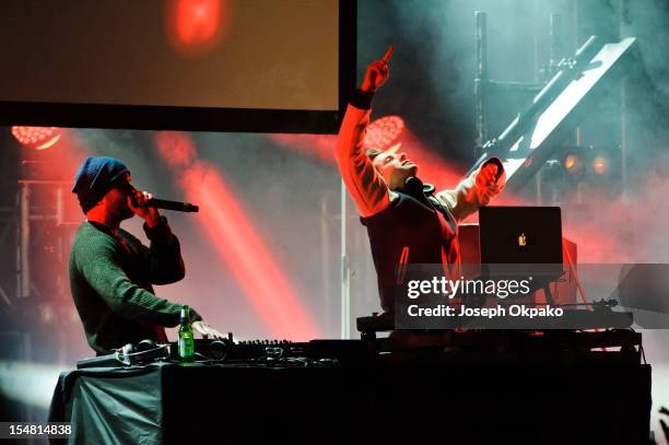 Zane Lowe and Mark Ronson aka 'A-YO' perform on the main stage during Day 1 of the Relentless Freeze Festival at Battersea Power station on October...