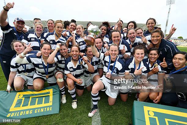 Emma Jensen captain of Auckland celebrates with her team mates with the Women's trophy after the Women's Provinsial Championship Final match at AMI...