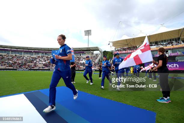 Players of England enter the pitch during the Women's Ashes 2nd We Got Game ODI match between England and Australia at Ageas Bowl on July 16, 2023 in...
