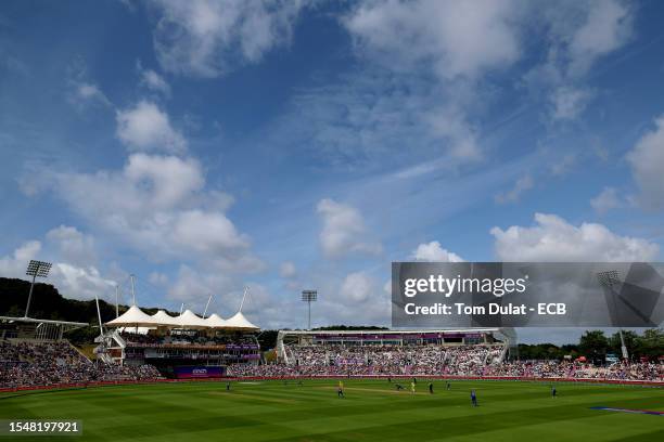 General view of action during the Women's Ashes 2nd We Got Game ODI match between England and Australia at Ageas Bowl on July 16, 2023 in...