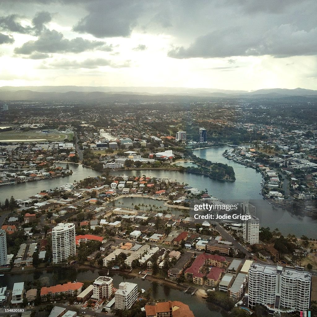 Elevated view city built beside inland waterways