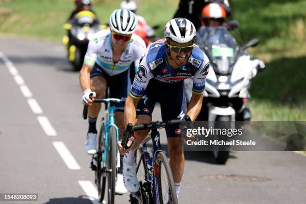 Alexey Lutsenko of Kazakhstan and Astana Qazaqstan Team and Julian Alaphilippe of France and Team Soudal - Quick Step compete in the breakaway during...