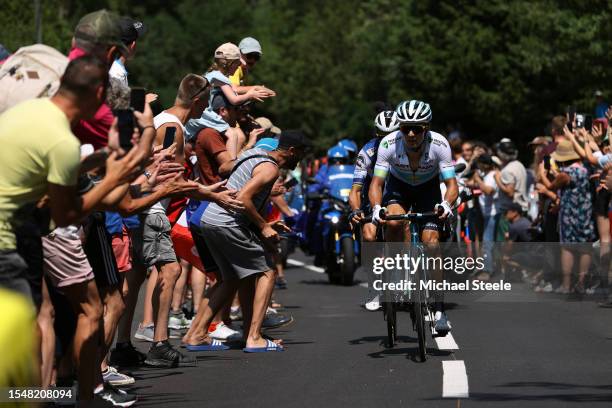 Julian Alaphilippe of France and Team Soudal - Quick Step and Alexey Lutsenko of Kazakhstan and Astana Qazaqstan Team compete in the breakaway while...