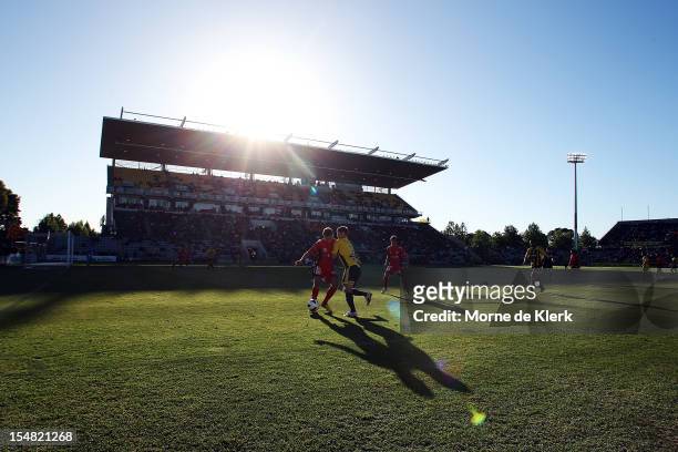 Daniel Bowles of Adelaide competes with Tony Lochead of Wellington during the round four A-League match between Adelaide United and the Wellington...