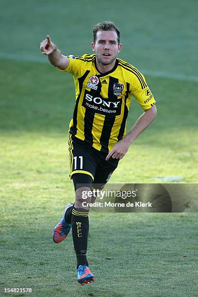 Jeremy Brockie of Wellington celebrates, but his goal was disallowed for him being offside during the round four A-League match between Adelaide...