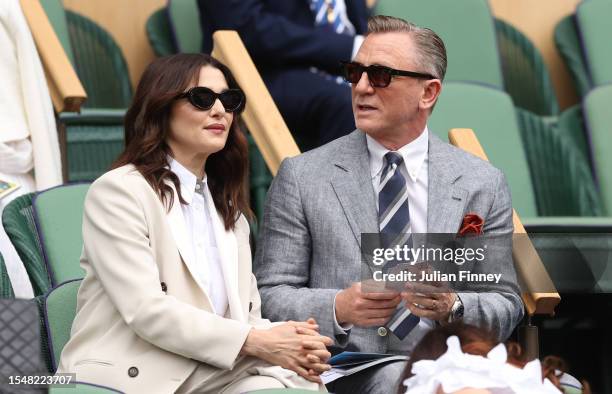 Actors, Daniel Craig and Rachel Weisz are seen in the Royal Box ahead of the Men's Singles Final between Novak Djokovic of Serbia and Carlos Alcaraz...