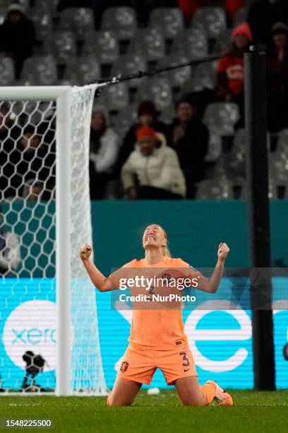 Stefanie Van Der Gragt of Netherlands celebrates victory after the FIFA Women's World Cup Australia &amp; New Zealand 2023 Group E match between...