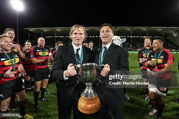 Canterbury coaches Tabai Matson and Scott Robertson celebrate with the ITM Cup after the ITM Cup final match between Canterbury and Auckland at AMI...