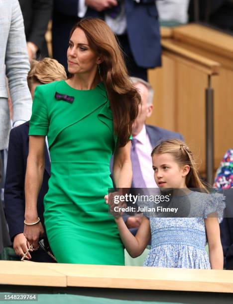 Catherine, Princess of Wales and Princess Charlotte of Wales are seen in the Royal Box ahead of the Men's Singles Final between Novak Djokovic of...