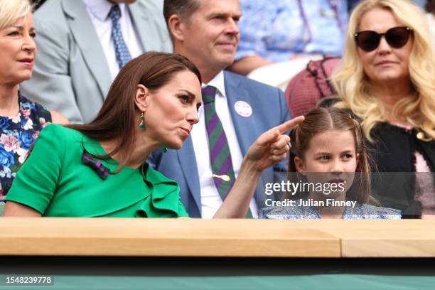 Catherine, Princess of Wales and Princess Charlotte of Wales are seen in the Royal Box ahead of the Men's Singles Final between Novak Djokovic of...