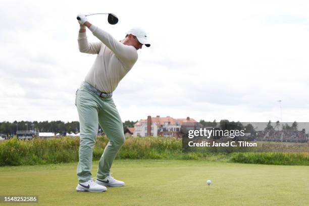 Rory McIlroy of Northern Ireland tees off on the 18th hole during Day Four of the Genesis Scottish Open at The Renaissance Club on July 16, 2023 in...
