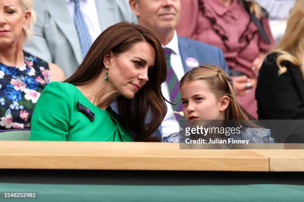 Catherine, Princess of Wales and Princess Charlotte of Wales are seen in the Royal Box ahead of the Men's Singles Final between Novak Djokovic of...