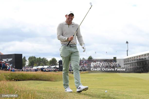 Rory McIlroy of Northern Ireland reacts before playing his 2nd shot on the 18th hole during Day Four of the Genesis Scottish Open at The Renaissance...