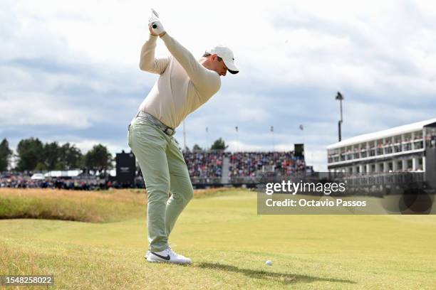 Rory McIlroy of Northern Ireland plays his second shot on the 18th hole during Day Four of the Genesis Scottish Open at The Renaissance Club on July...