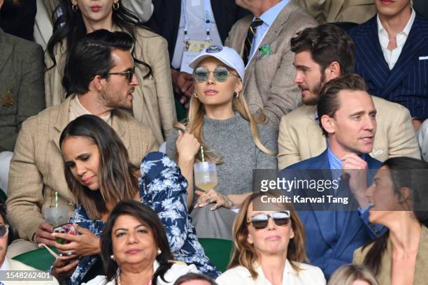 Jonathan Bailey, Ariana Grande, Andrew Garfield and Tom Hiddleston watch Carlos Alcaraz vs Novak Djokovic in the Wimbledon 2023 men's final on Centre...