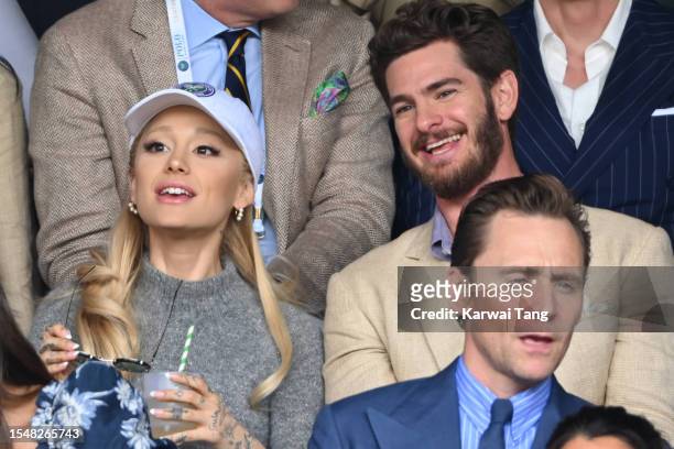 Ariana Grande, Andrew Garfield and Tom Hiddleston watch Carlos Alcaraz vs Novak Djokovic in the Wimbledon 2023 men's final on Centre Court during day...