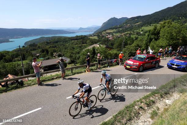 Julian Alaphilippe of France and Team Soudal - Quick Step and Alexey Lutsenko of Kazakhstan and Astana Qazaqstan Team compete in the breakaway...