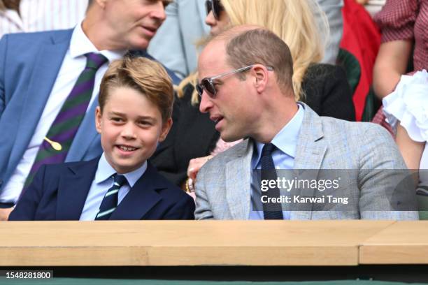 Prince George of Wales and Prince William, Prince of Wales watch Carlos Alcaraz vs Novak Djokovic in the Wimbledon 2023 men's final on Centre Court...