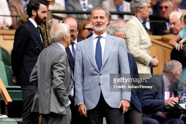 King Felipe VI of Spain is seen in the Royal Box ahead of the Men's Singles Final between Novak Djokovic of Serbia and Carlos Alcaraz of Spain on day...