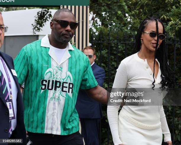 Idris Elba and Sabrina Dhowre Elba attend day fourteen of the Wimbledon Tennis Championships at All England Lawn Tennis and Croquet Club on July 16,...