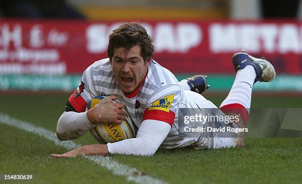 Alex Goode of Saracens dives over for the first try during the Aviva Premiership match between Northampton Saints and Saracens at Franklin's Gardens...