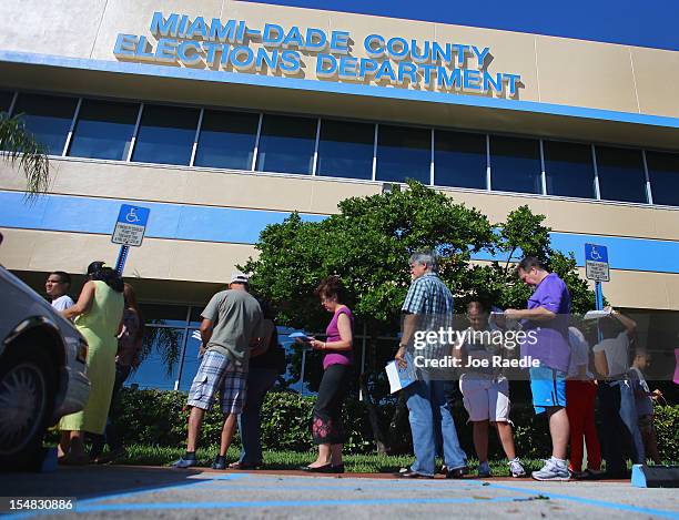 Early voters wait in line to vote in the presidential election on the first day of early voting at a polling station setup in the Miami-Dade County...