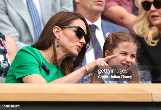 Catherine, Princess of Wales and Princess Charlotte of Wales are seen in the Royal Box ahead of the Men's Singles Final between Novak Djokovic of...