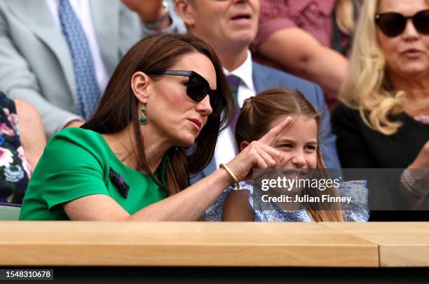 Catherine, Princess of Wales and Princess Charlotte of Wales are seen in the Royal Box ahead of the Men's Singles Final between Novak Djokovic of...