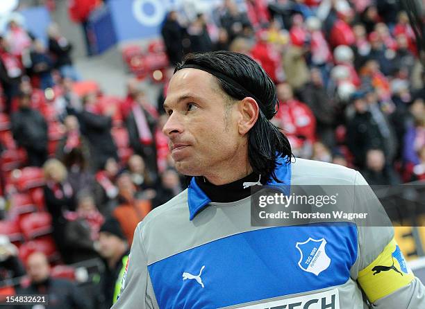 Goalkeeper Tim Wiese of Hoffenheim looks on after loosing the Bundesliga match between FSV Mainz 05 and TSG 1899 Hoffenheim at Coface Arena on...