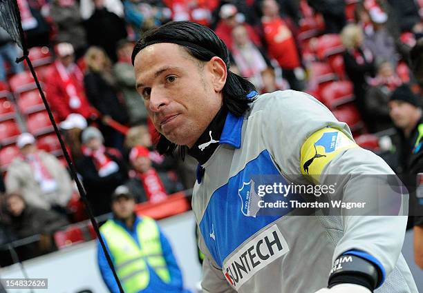 Goalkeeper Tim Wiese of Hoffenheim looks on after loosing the Bundesliga match between FSV Mainz 05 and TSG 1899 Hoffenheim at Coface Arena on...