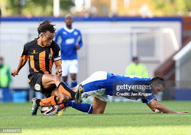 Edgar Davids of Barnet FC challenge Jack Lester of Chesterfield during the npower League Two match between Chesterfield and Barnet at Proact Stadium...